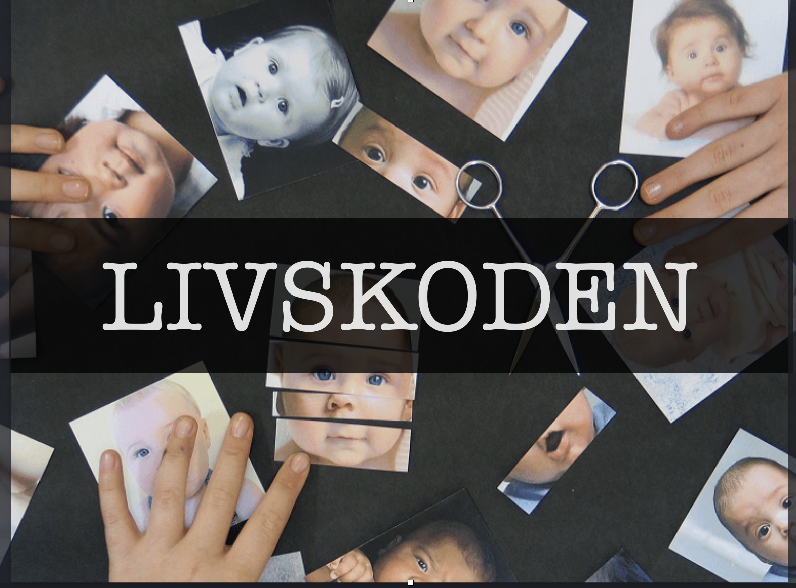 Livskoden — the title card: cut-up baby photographs and a pair of scissors