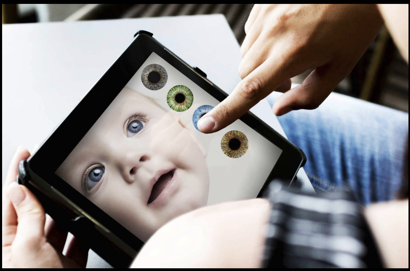 Livskoden — choosing an eye colour on a tablet screen